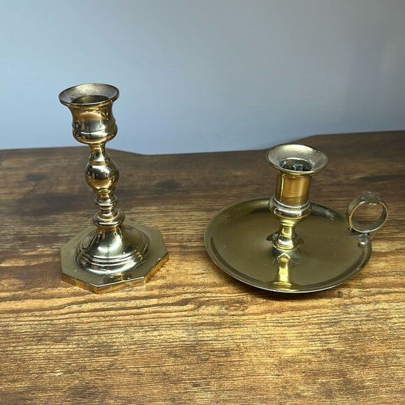 5” Shiny Brass Taper Candlestick Holder and Chamberstick with Finger Loop set 2 - Picture 1 of 11
